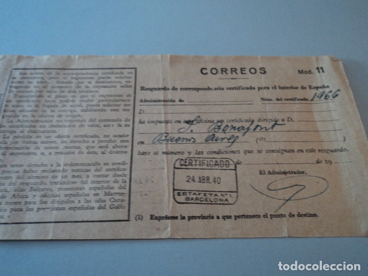 Cartas comerciales: Coleccionismo: ANTIGUO RESGUARDO DE CERTIFICADO 1940, ESTAFETA 1 BARCELONA