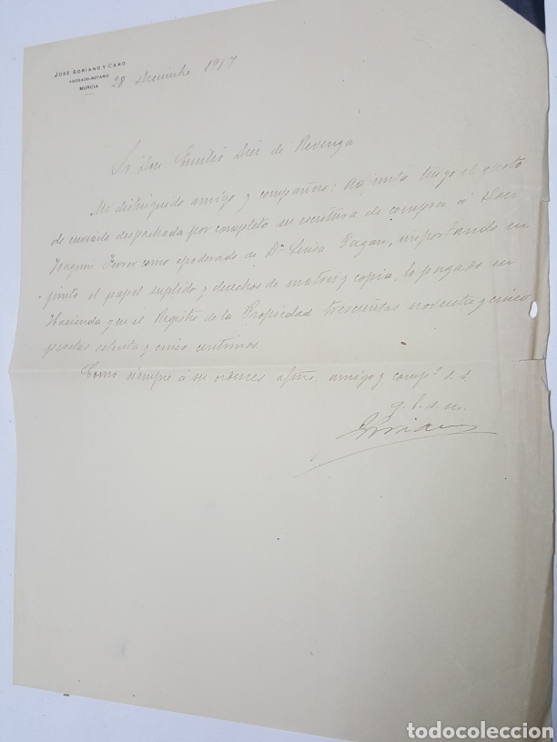 Lettres commerciales: Carta Jose Soriano a Emilio Diez de Revenga fundador Univ. De Murcia a&ntilde;o 1917