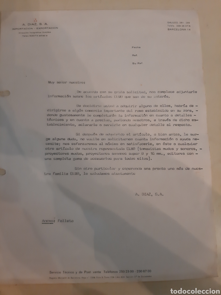 Cartas comerciales: A Diaz Barcelona importaci&oacute;n Exportaci&oacute;n Elmo proyector - Foto 1