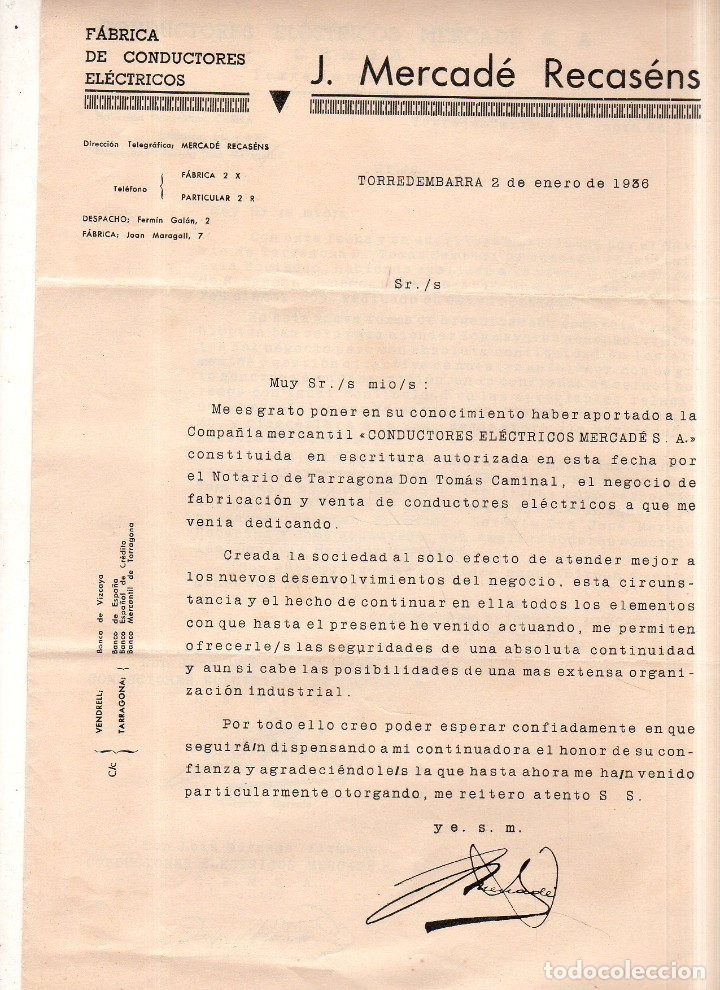 Cartas comerciais: CARTA COMERCIAL. J. MERCADE RECASENS.FABRICA DE CONDUCTORES ELECTRICOS. TORREDEMBARRA, 1936. 2 HOJAS