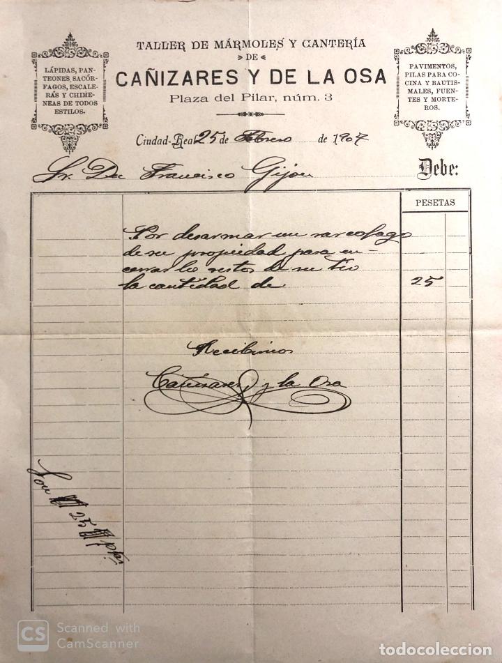 Cartas comerciales: TALLER DE MARMOLES Y CANTERIA DE CA&Ntilde;IZARES Y DE LA OSA. FEBRERO 1907.