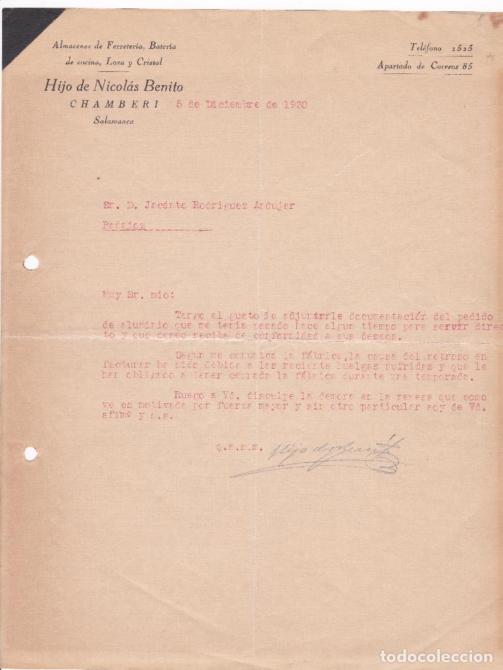Lettres commerciales: Carta comercial. Hijo de Nicol&aacute;s Benito. Almacenes de Ferreter&iacute;a. Salamanca 1930