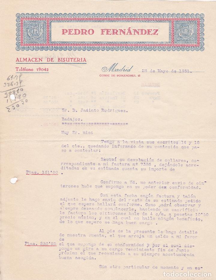 Cartas comerciais: Carta comercial. Pedro Fern&aacute;ndez. Almac&eacute;n de bisuter&iacute;a. Madrid 1931
