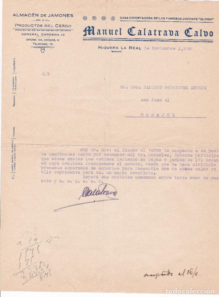 Cartas comerciais: Carta comercial. Manuel Calatrava Calvo. Almacen de jamones. Badajoz 1938