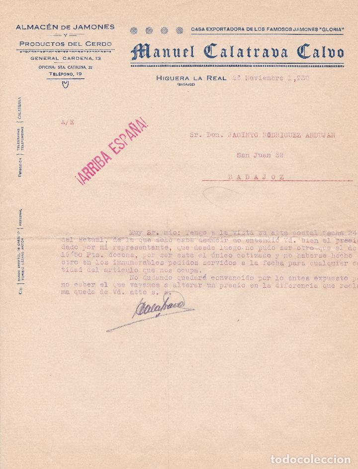 Cartas comerciais: Carta comercial. Manuel Calatrava Calvo. Almacen de jamones. Badajoz 1938