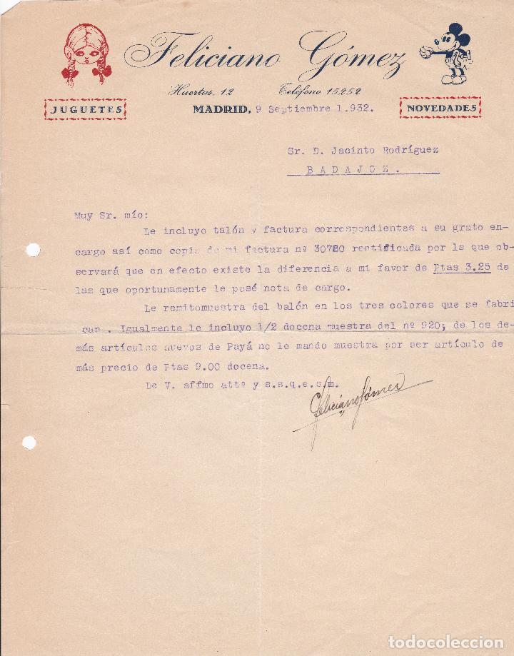 Cartas comerciais: Carta comercial. Feliciano G&oacute;mez. Juguetes. Madrid 1932