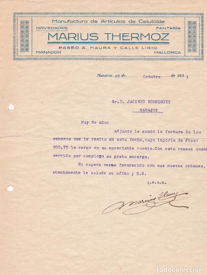 Cartas comerciais: Carta comercial. Marius Thermoz. Manufactura de art&iacute;culos de Celuloide. Manacor 1931