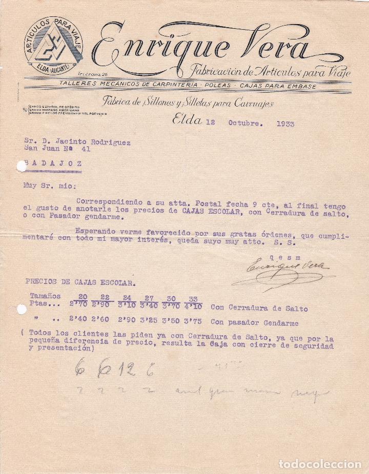Cartas comerciais: Carta comercial. Enrique Vera. Fabricaci&oacute;n de Art&iacute;culos para viaje. Elda 1933