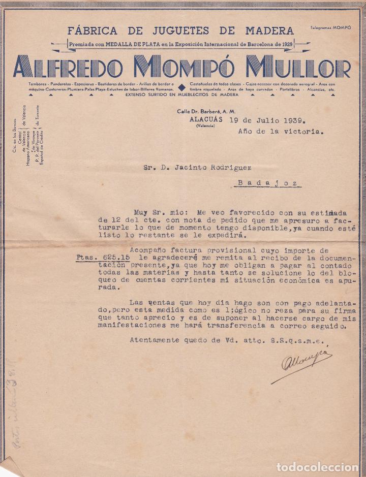 Cartas comerciais: Carta comercial. Alfredo Momp&oacute; Mullor. F&aacute;brica de juguetes de madera. Valencia 1939