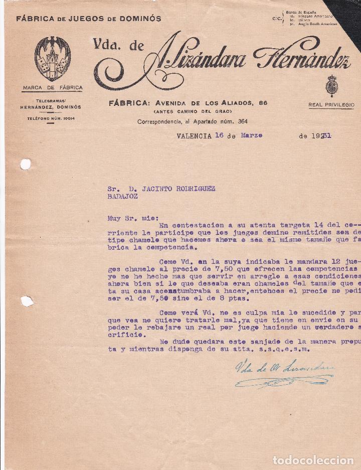 Cartas comerciais: Carta comercial. Vda. de A. Liz&aacute;ndara Hern&aacute;ndez. F&aacute;brica de juegos de dominos. Valencia 1931