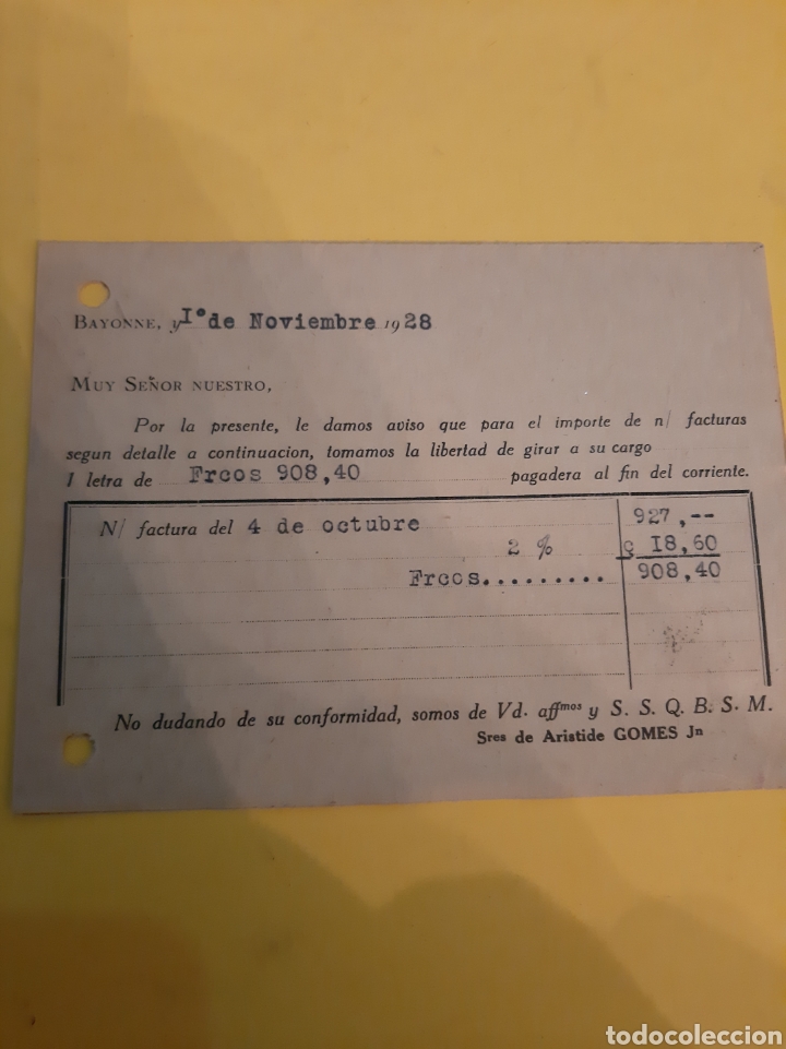 Cartas comerciales: Bayonne 1928 Aristide Gomes Francia - Foto 2