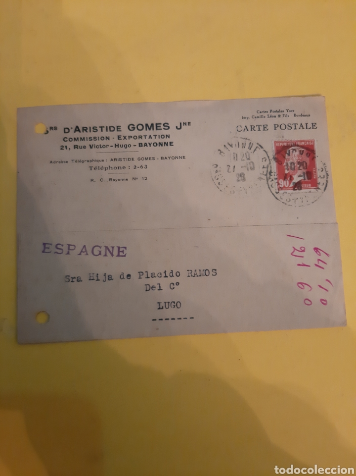 Cartas comerciales: Bayonne 1928 Aristide Gomes Francia - Foto 1