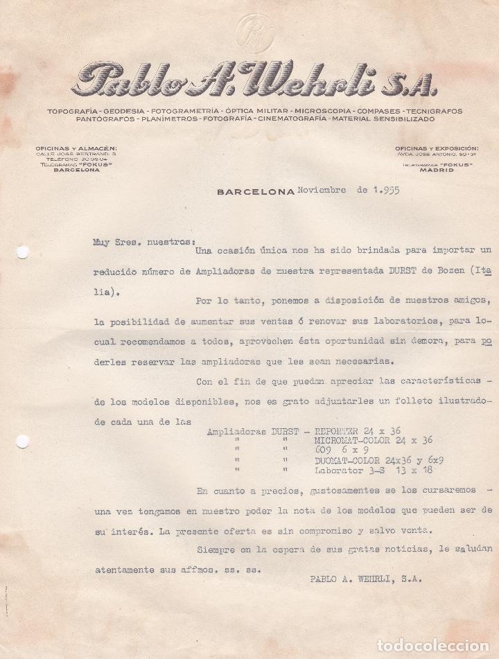 Cartas comerciales: Carta comercial. Pablo A. Wehrli S.A. Barcelona 1955