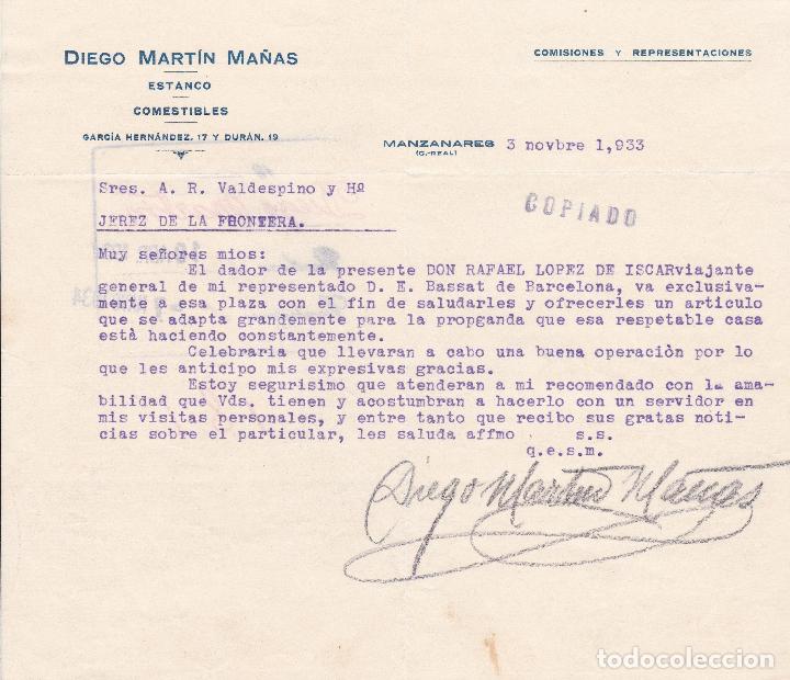 Commercial Letters: Carta comercial. Diego Martin Ma&ntilde;as. Estanco-Comestibles. Manzanares 1933