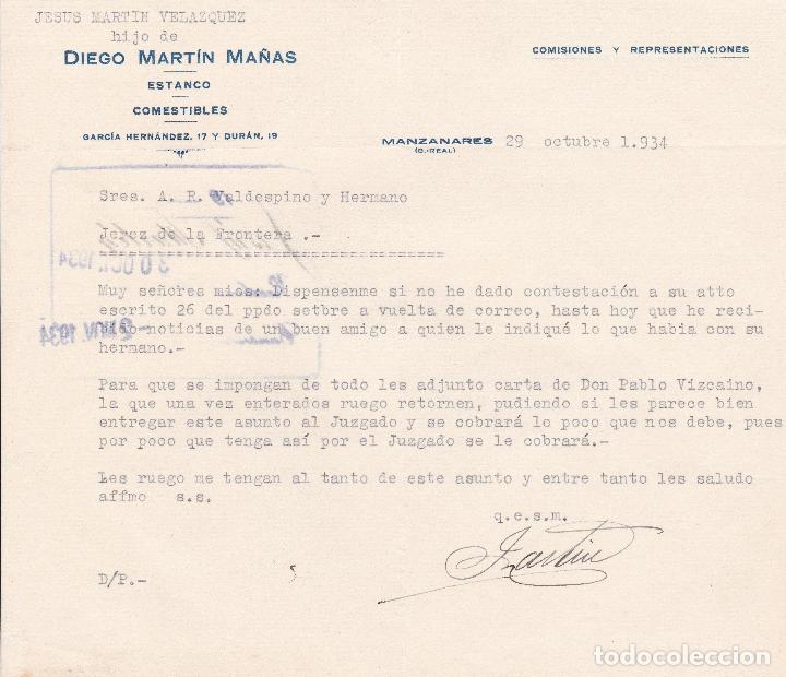 Commercial Letters: Carta comercial. Diego Martin Ma&ntilde;as. Estanco-Comestibles. Manzanares 1934