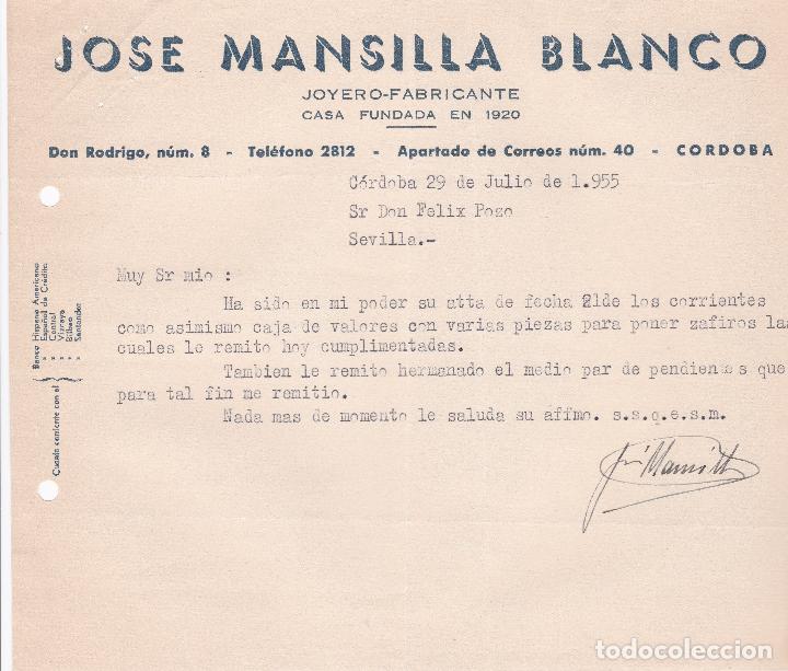 Cartas comerciales: Carta comercial. Jose Mansilla Blanco. Joyero-Fabricante. C&oacute;rdoba 1955