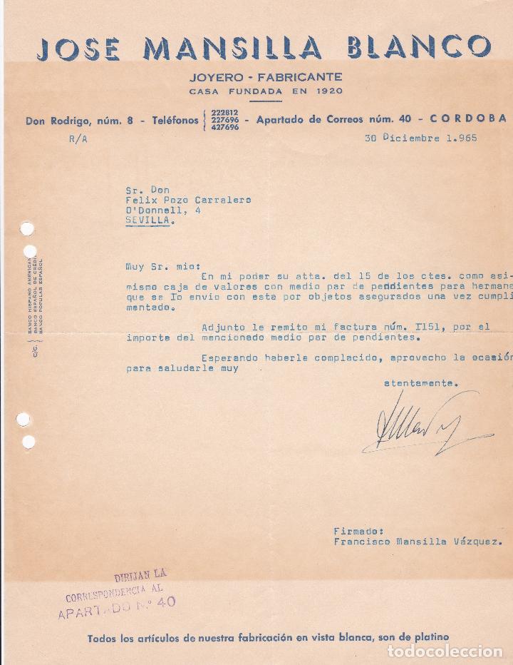 Cartas comerciales: Carta comercial. Jose Mansilla Blanco. Joyero-Fabricante. C&oacute;rdoba 1965