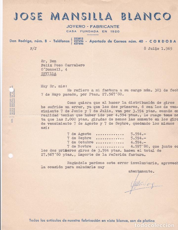 Cartas comerciales: Carta comercial. Jos&eacute; Mancilla Blanco. Joyero-Fabricante. C&oacute;rdoba 1965