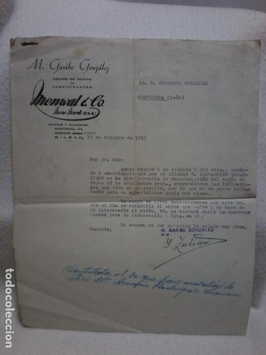 Cartas comerciais: CARTA DE PETICION Y CONTESTACION. M.GARIBE GONZALEZ. LUBRIFICANTES. MENWAL & CO. BILBAO. 1951