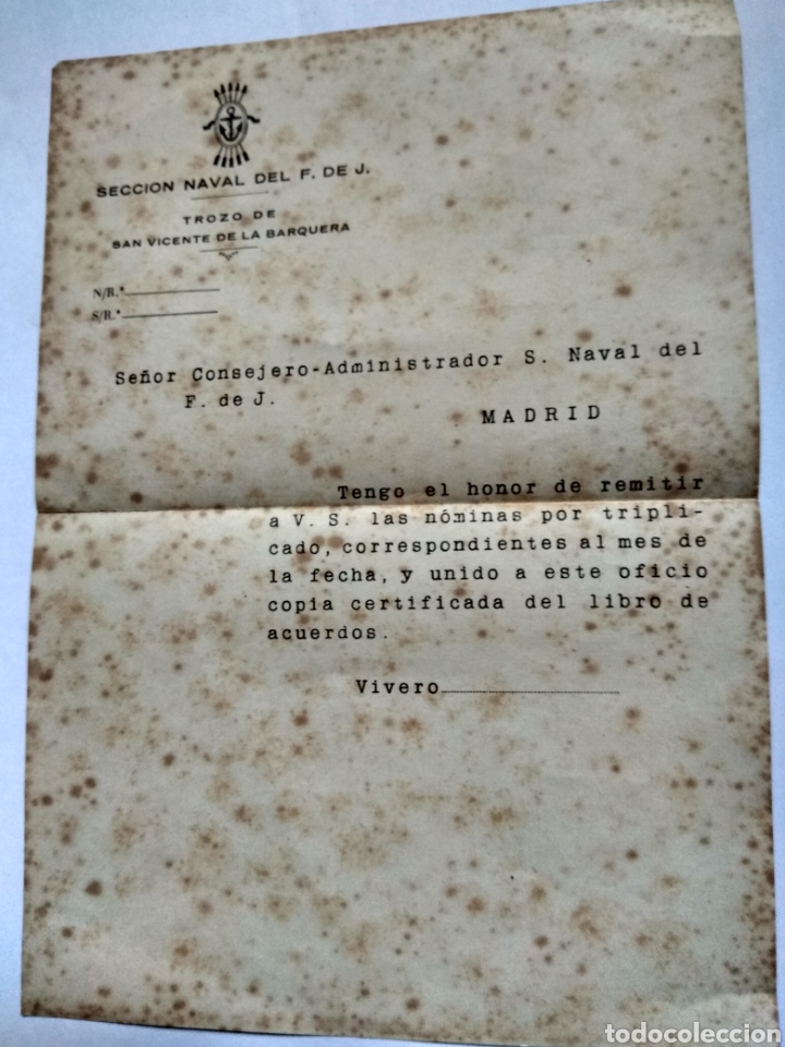 Cartas comerciales: Notificaci&oacute;n de secci&oacute;n naval del F.DE J.-San Vicente de la barquera.a&ntilde;os 70?