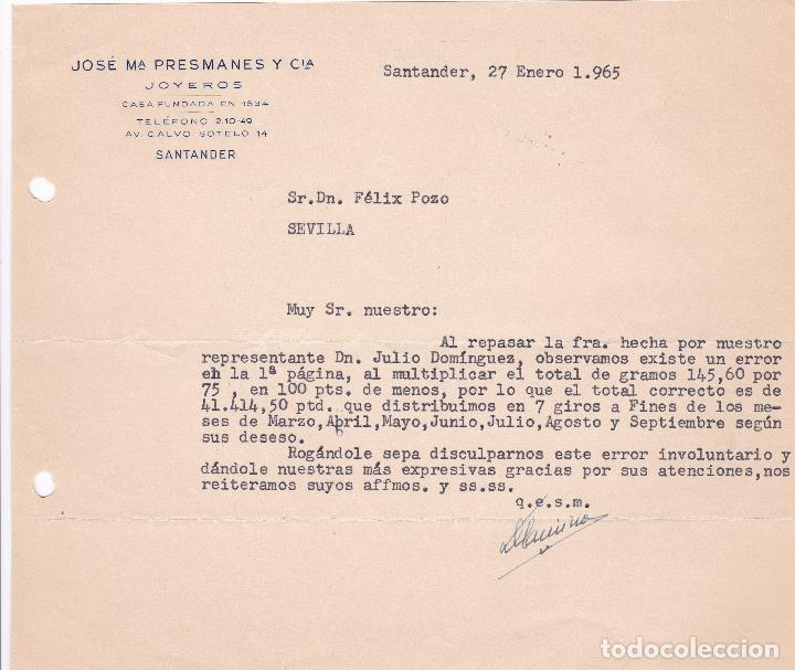 Cartas comerciales: Carta comercial. Jose M&ordf;  Presmanes y C&iacute;a. Joyeros. Santander 1965