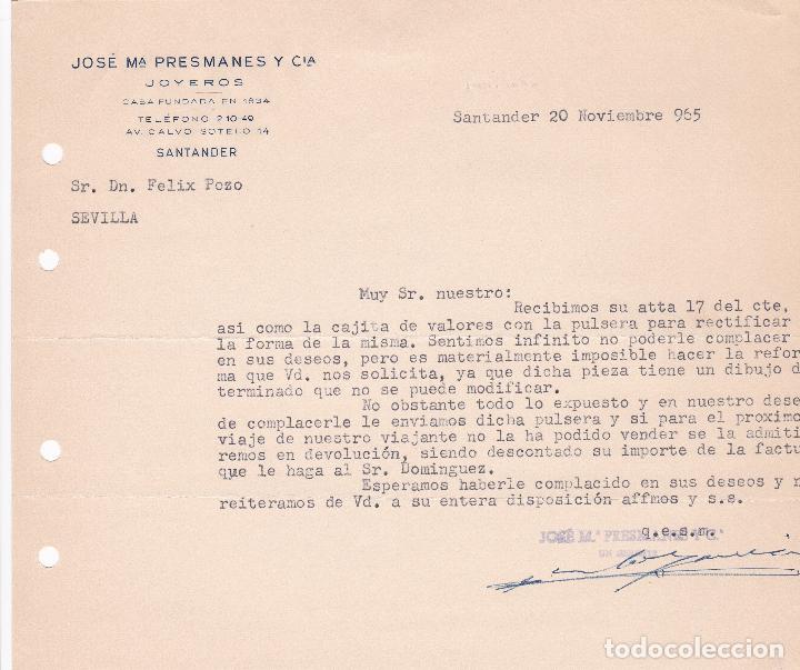Cartas comerciales: Carta comercial. Jos&eacute; M&ordf; Presmanes y C&iacute;a. Joyeros. Santander 1965