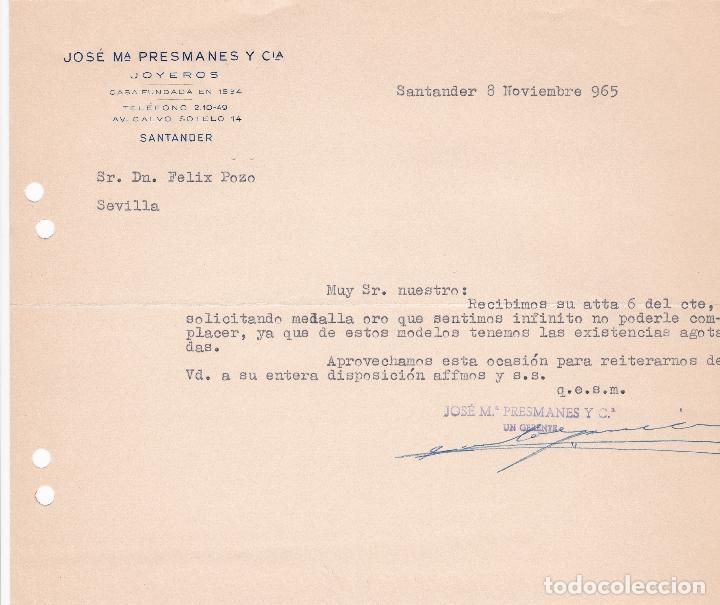Cartas comerciales: Carta comercial. Jose M&ordf;  Presmanes y C&iacute;a. Joyeros. Santander 1965