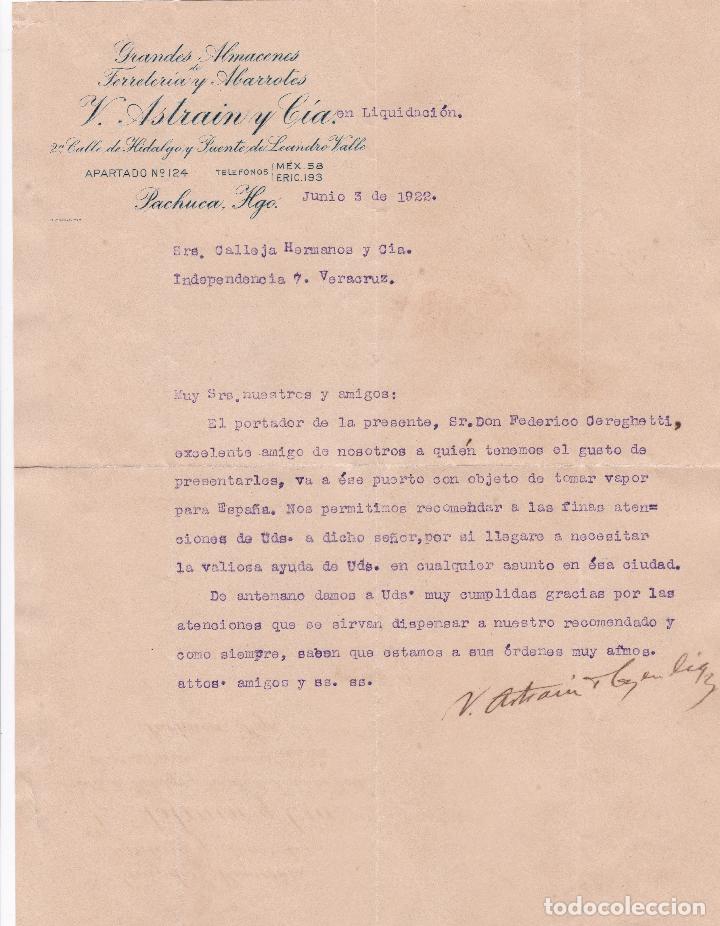 Commercial Letters: Carta comercial. V. Astrain y C&iacute;a. Grandes Almacenes Ferreter&iacute;a y Abarrotes. Pachuca Hgo. 1922