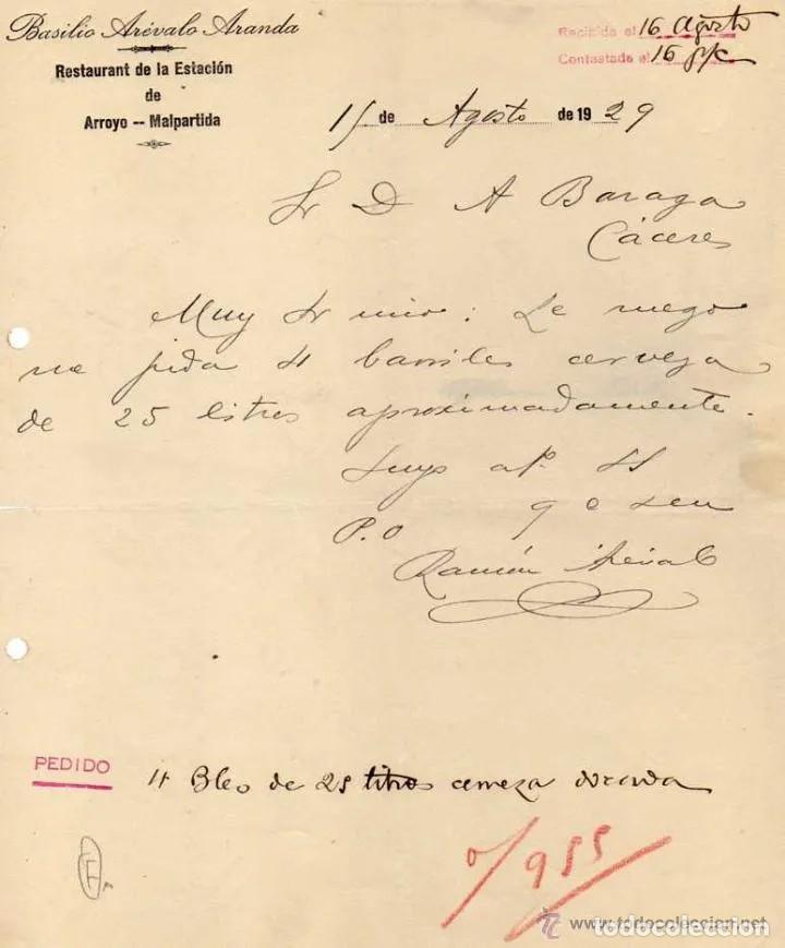 Gesch&auml;ftsbriefe: Basilio Ar&eacute;valo Aranda. Restaurant de la Estaci&oacute;n. Arroyo Malpartida. C&aacute;ceres. Firma propietario