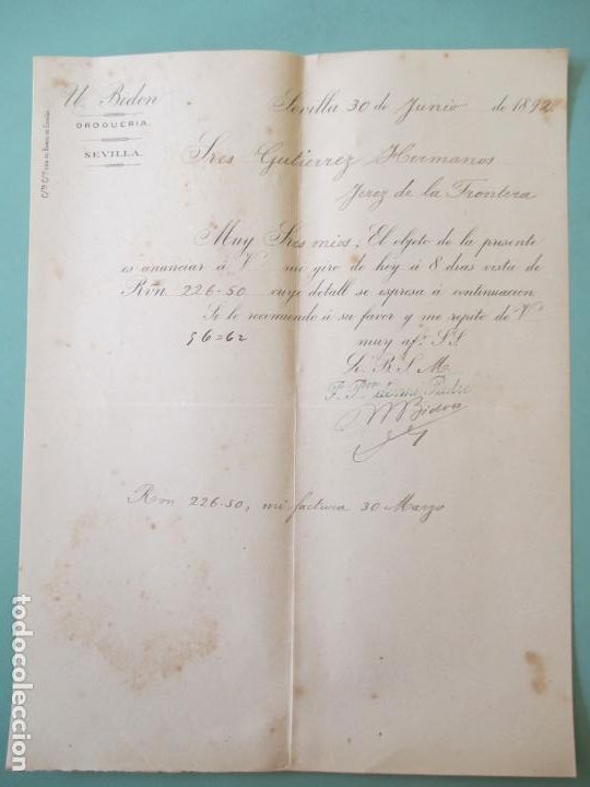Cartas comerciais: CARTA COMERCIAL. SEVILLA 30 JUNIO 1892. DROGUER&Iacute;A BIDON. GUTIERREZ HERMANOS.