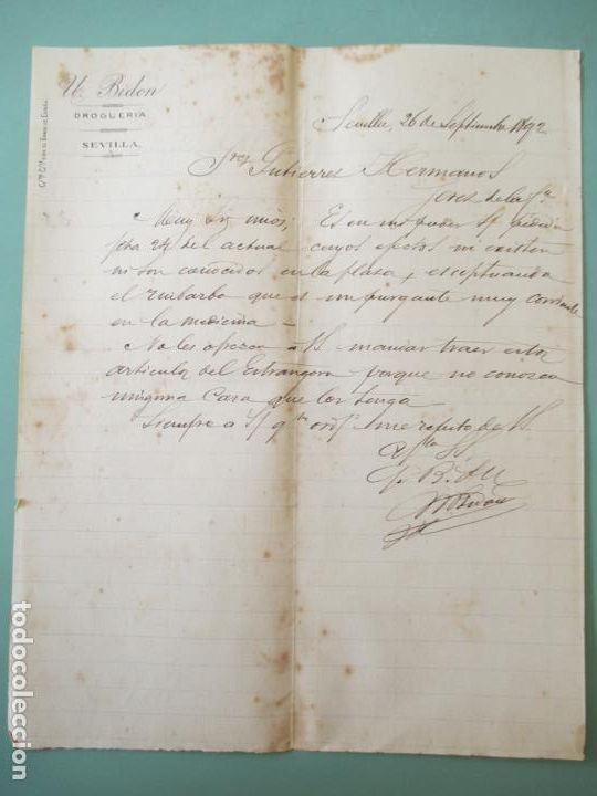 Commercial Letters: CARTA COMERCIAL. SEVILLA 26 SEPTIEMBRE 1892. DROGUER&Iacute;A BIDON. GUTIERREZ HERMANOS.