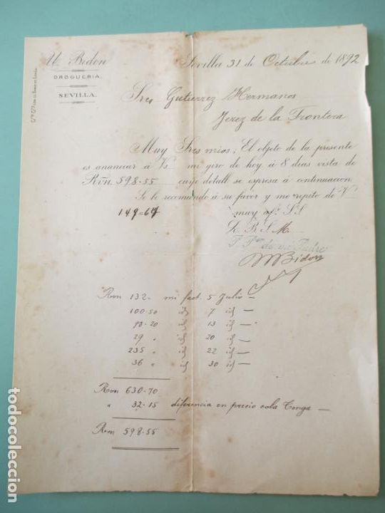Gesch&auml;ftsbriefe: CARTA COMERCIAL. SEVILLA 31 OCTUBRE 1892. DROGUER&Iacute;A BIDON. GUTIERREZ HERMANOS.