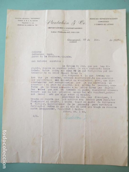 Lettere commerciali: CARTA COMERCIAL. PATLEONCO. IMPORTADORES Y EXPORTADORES. GUAYAQUIL, ECUADOR. 1924. GUTIERREZ HNOS