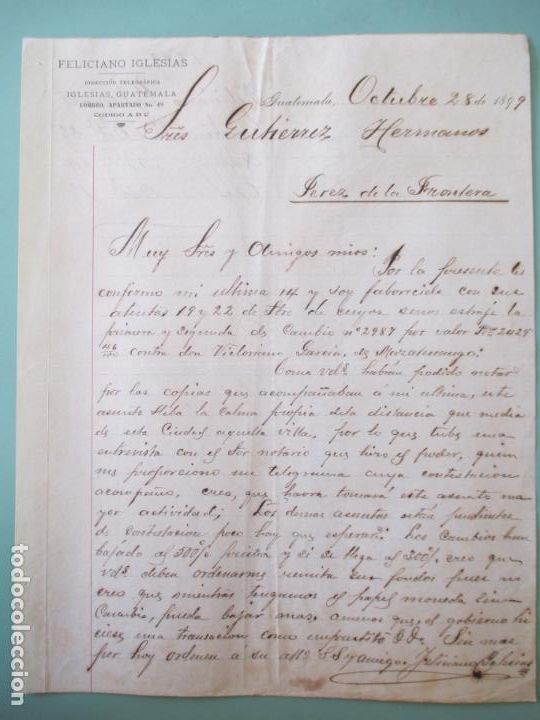 Cartas comerciales: CARTA COMERCIAL. FELICIANO IGLESIAS. GUATEMALA 1899. IGLESIAS, GUATEMALA. GUTIERREZ HERMANOS. JEREZ