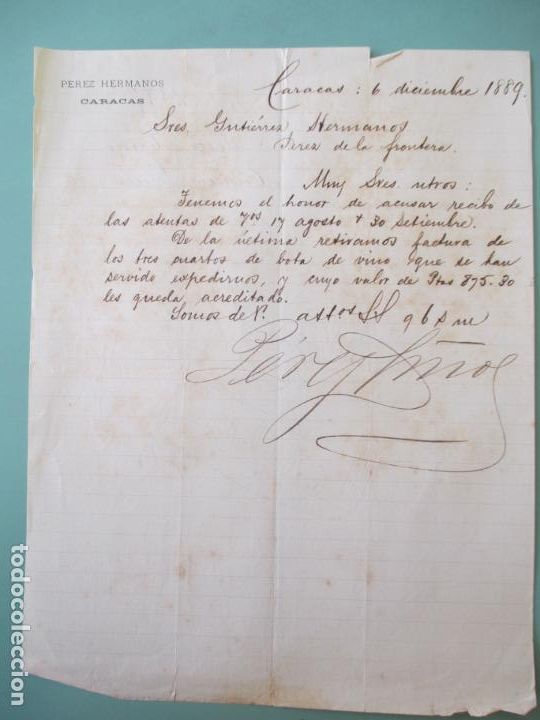 Lettres commerciales: CARTA COMERCIAL. PEREZ HERMANOS. CARACAS. 1889. GUTIERREZ HERMANOS. JEREZ DE LA FRONTERA