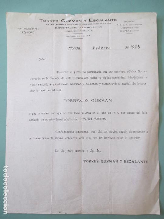 Cartas comerciales: CARTA COMERCIAL. TORRES, GUZMAN Y ESCALANTE. HONDA 1925. IMPORTACI&Oacute;N EXPORTACI&Oacute;N. GIRARDOT.