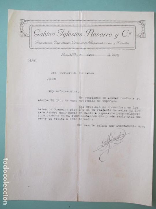 Lettere commerciali: CARTA COMERCIAL. GABINO IGLESIAS NAVARRO Y CIA. LARACHE 1925. GUTIERREZ HERMANOS, JEREZ