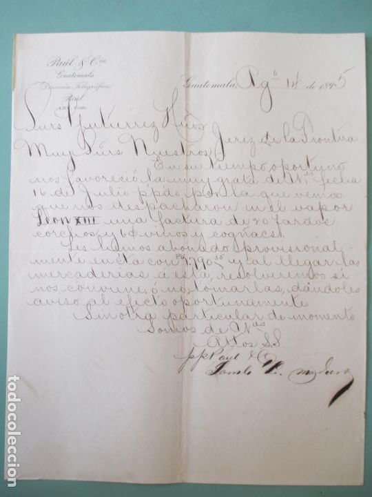 Commercial Letters: CARTA COMERCIAL. PA&Uacute;L & CIA. GUATEMALA. 1895. GUTIERREZ HERMANOS. JEREZ