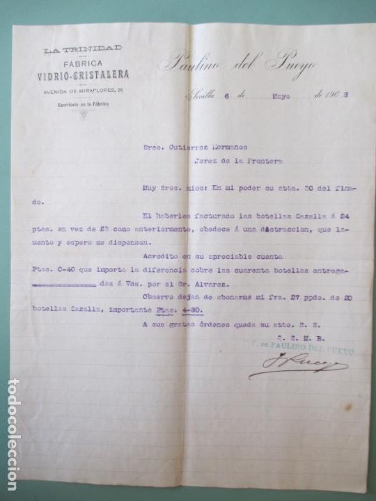 Cartas comerciais: CARTA COMERCIAL. LA TRINIDAD. F&Aacute;BRICA VIDRIO CRISTALERA. PAULINO DEL PUEYO. SEVILLA  1908