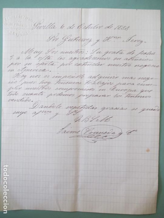 Cartas comerciais: CARTA COMERCIAL. F&Aacute;BRICA DE TAPONES. JAIME PRUNEDA Y CIA. SEVILLA. 1888. GUTIERREZ Y HERMANOS. JEREZ