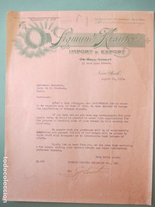 Cartas comerciais: CARTA COMERCIAL. SIGMUND FRAUTER. NEW YORK 1933. GUTIERREZ HERMANOS. JEREZ