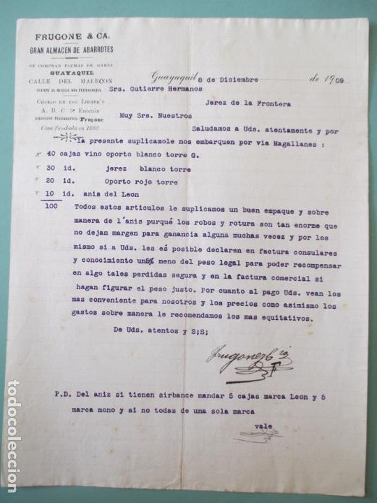 Cartas comerciais: CARTA COMERCIAL. FRUGONE & CIA. ALMAC&Eacute;N DE ABRROTES. GUAYAQUIL 1909. CALLE DEL MALEC&Oacute;N.