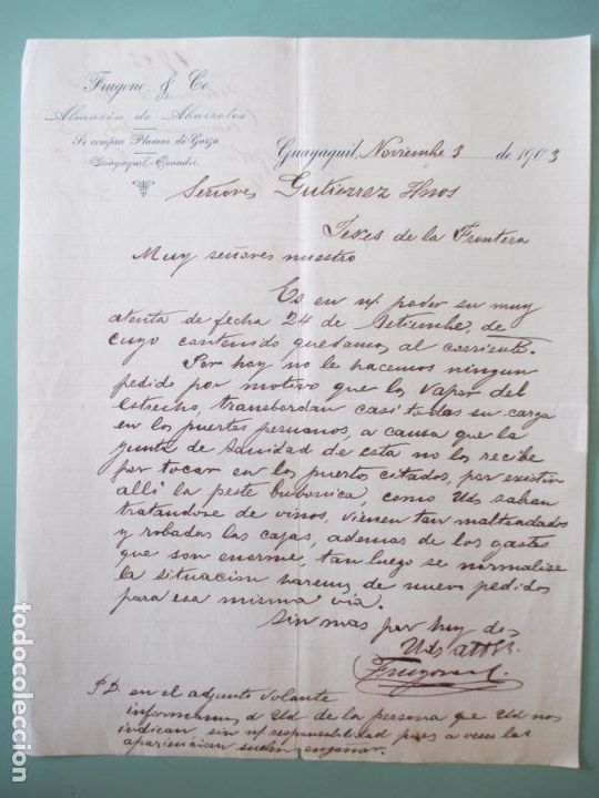 Cartas comerciais: CARTA COMERCIAL. FRUGONE & CIA. ALMAC&Eacute;N DE ABRROTES. GUAYAQUIL 1903. CALLE DEL MALEC&Oacute;N.