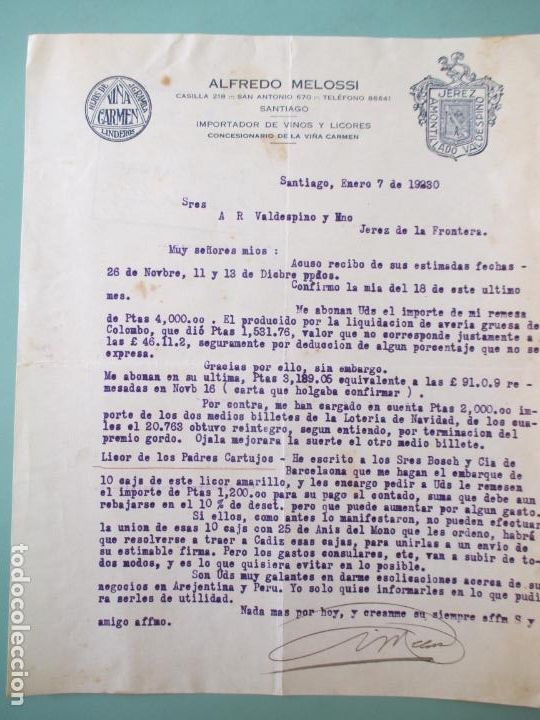 Gesch&auml;ftsbriefe: CARTA COMERCIAL. ALFREDO MELOSSI. SANTIAGO. VINOS Y LICORES. 1930. VALDESPINO. JEREZ