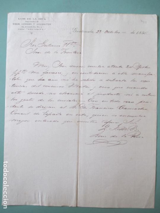 Lettres commerciales: CARTA COMERCIAL. LUIS DE LA RIVA. VINOS LICORES ABARROTES. GUATEMALA 1895. GUTIERREZ HERMANOS