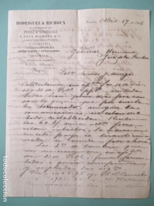 Cartas comerciales: CARTA COMERCIAL. RODRIGUEZ & RICHOUX. PEREZ RODRIGUEZ. HONDA. 1895. GUTIERREZ HERMANOS