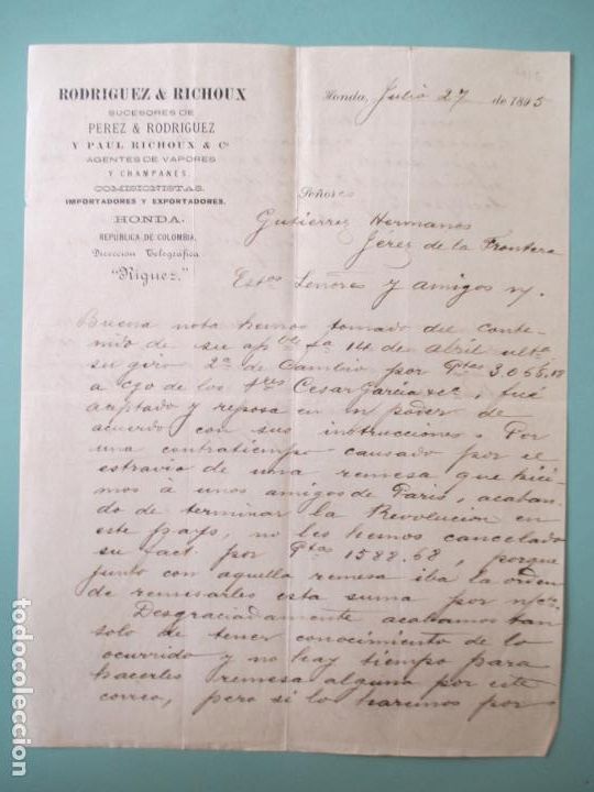 Cartas comerciales: CARTA COMERCIAL. RODRIGUEZ & RICHOUX. PEREZ RODRIGUEZ. HONDA. 1895. GUTIERREZ HERMANOS