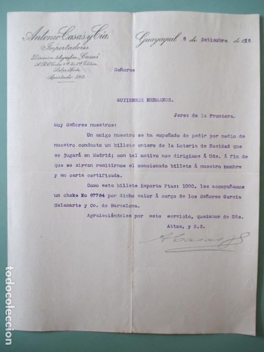 Lettres commerciales: CARTA COMERCIAL. ANTONIO CASAS Y CIA. IMPORTADORES. GUAYAQUIL 1915. GUTIERREZ HERMANOS. JEREZ