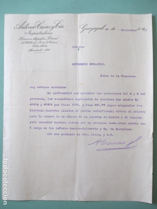 Lettres commerciales: CARTA COMERCIAL. ANTONIO CASAS Y CIA. IMPORTADORES. GUAYAQUIL 1915. GUTIERREZ HERMANOS. JEREZ