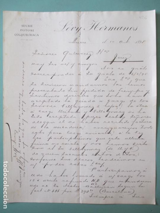 Lettere commerciali: CARTA COMERCIAL. LEVY HERMANOS. SUCRE POTOSI COLQUECHACA. SUCRE 1895. GUTIERREZ HERMANOS